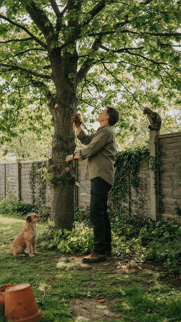 A person pruning lower branches from a tree to improve a shady garden.