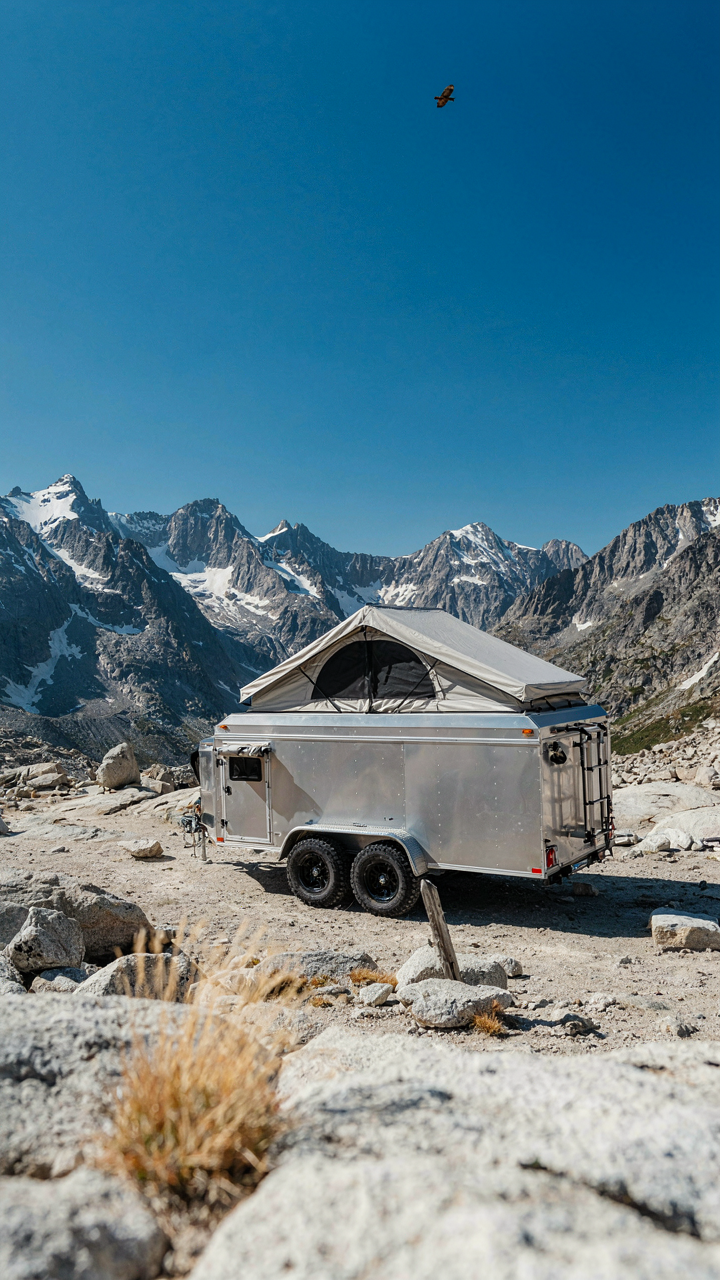 A sturdy aluminum off road tent trailer on a mountain pass.