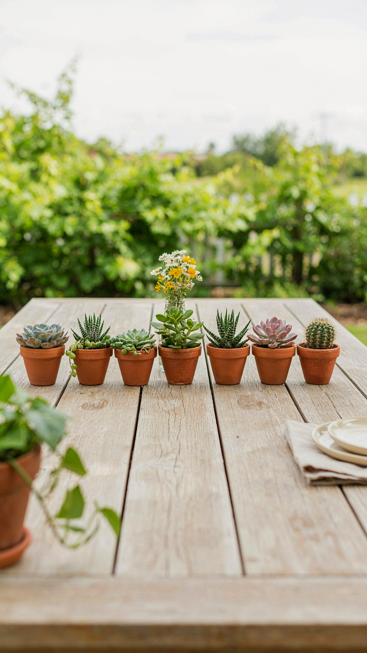 A long row of identical small potted succulents acts as a simple table centerpiece.