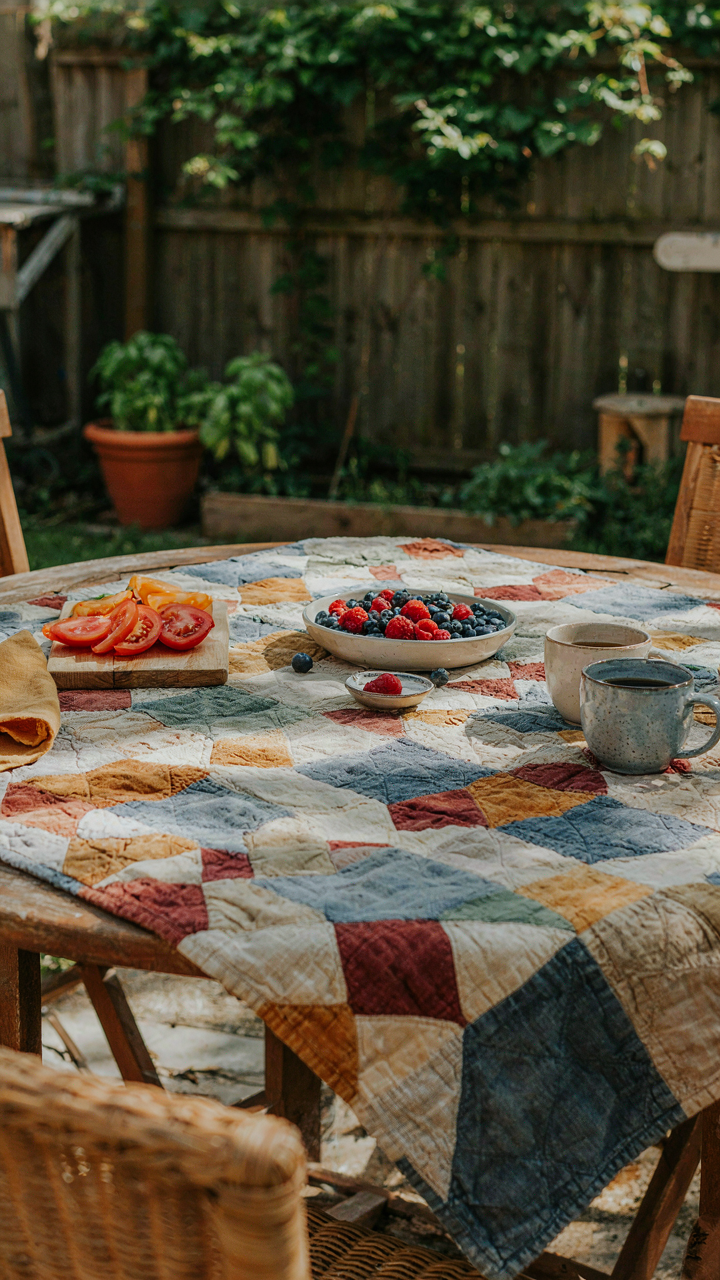 An outdoor table is covered with a colorful patchwork quilt, with simple dishes on top.