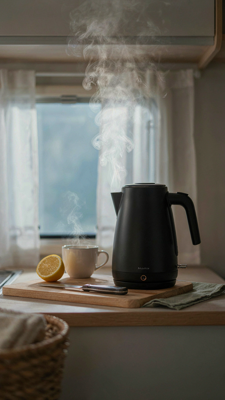 A steaming electric kettle quickly boils water inside a camper trailer.