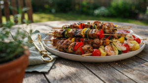 Colorful grilled skewer party food on a platter on an outdoor table.