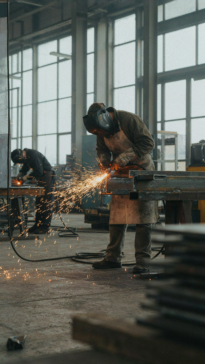 A person welds a metal joint, creating bright sparks in a workshop.