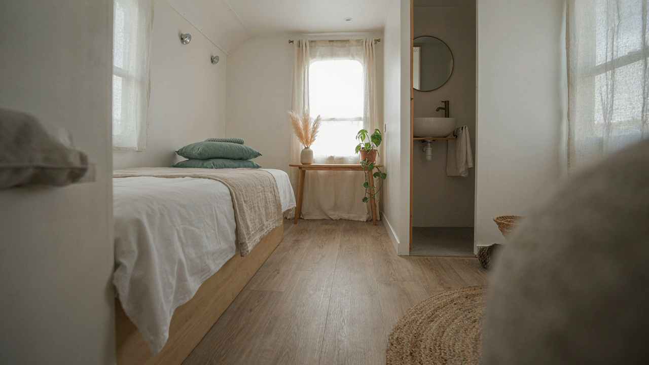 A tidy skoolie interior shows a small, efficient skoolie bathroom space.
