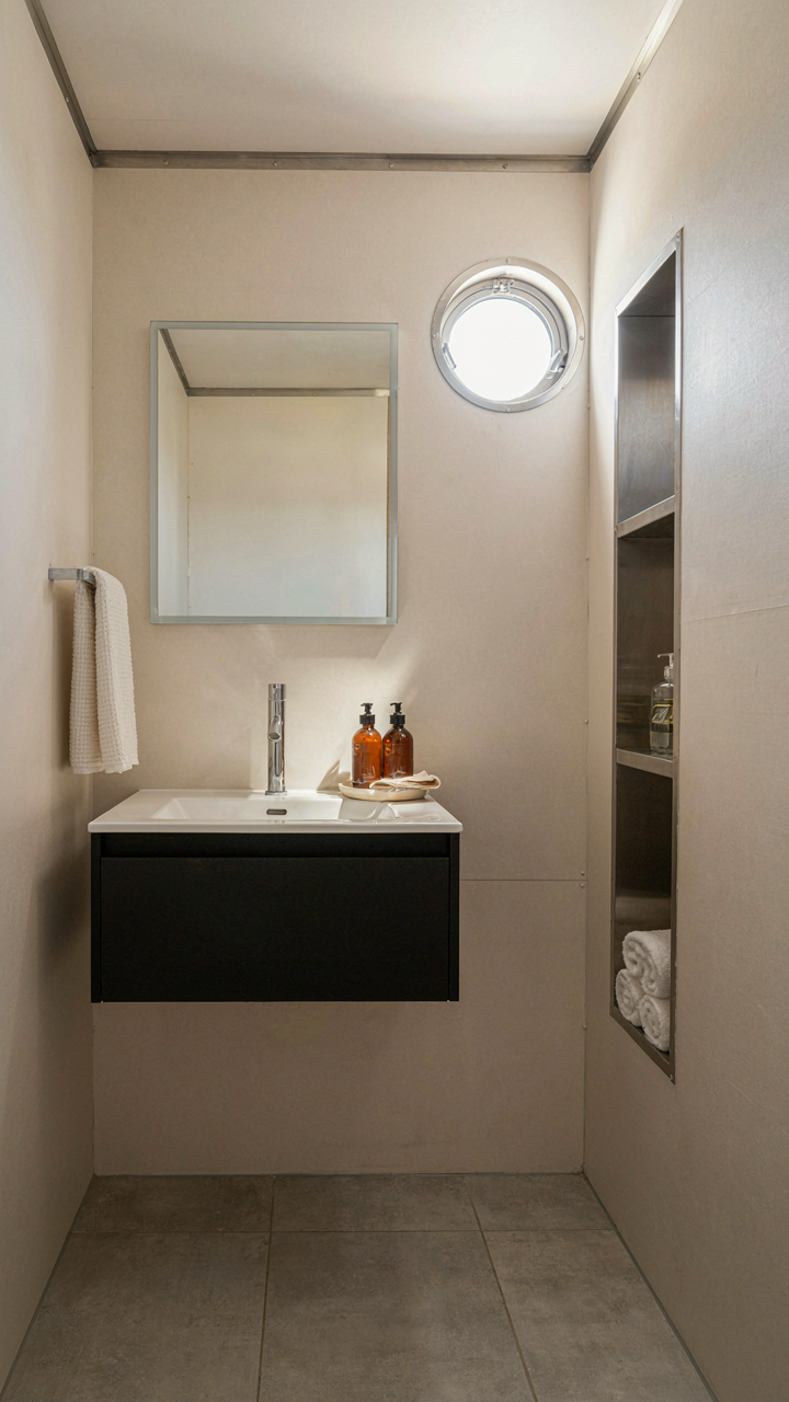 A compact skoolie bathroom with marine-grade materials and stainless steel fixtures.