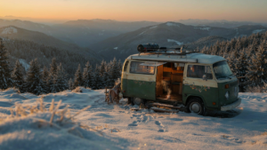 A warm skoolie sits in a snowy mountain, showing good skoolie insulation.