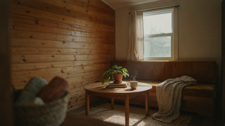 A cozy skoolie interior with warm wood and soft lighting, showing smart skoolie interior ideas.