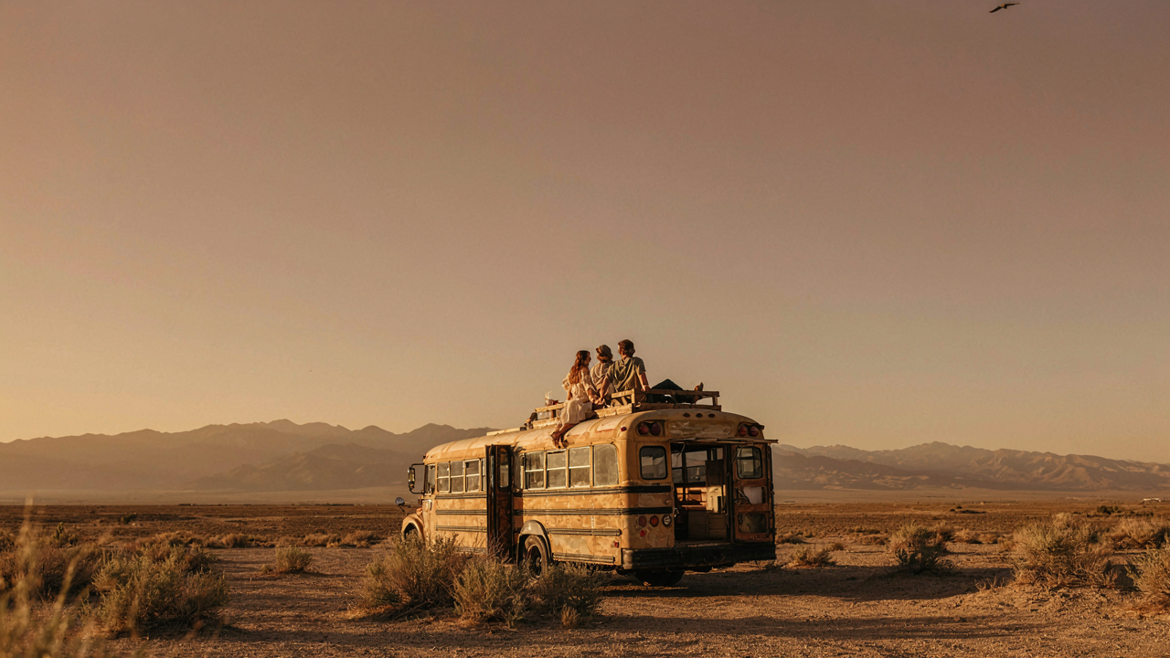 A skoolie roof deck with people enjoying a desert sunset from above their bus.
