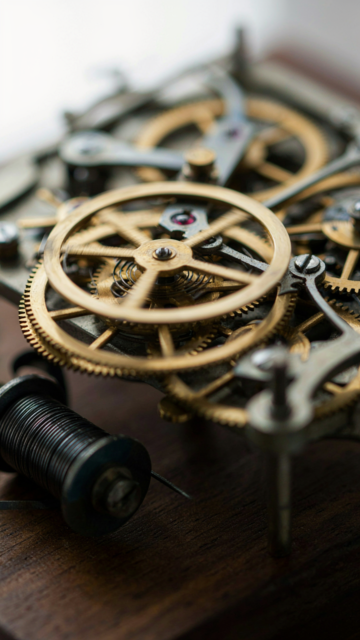 Interconnected gears and levers move in an antique clock.