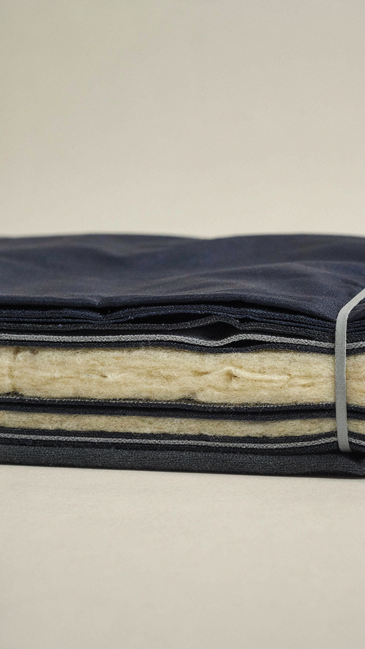A cross-section of insulated fabric shows its layers.