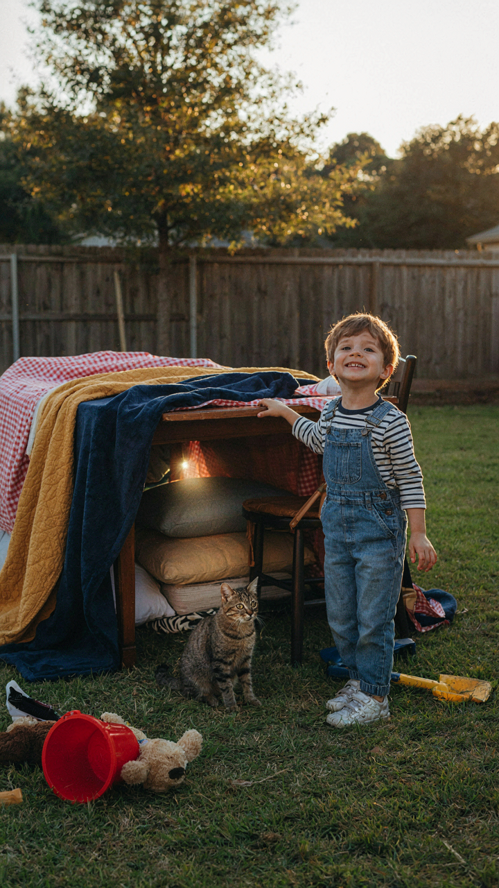 A child stands next to a sturdy blanket fort in a backyard.