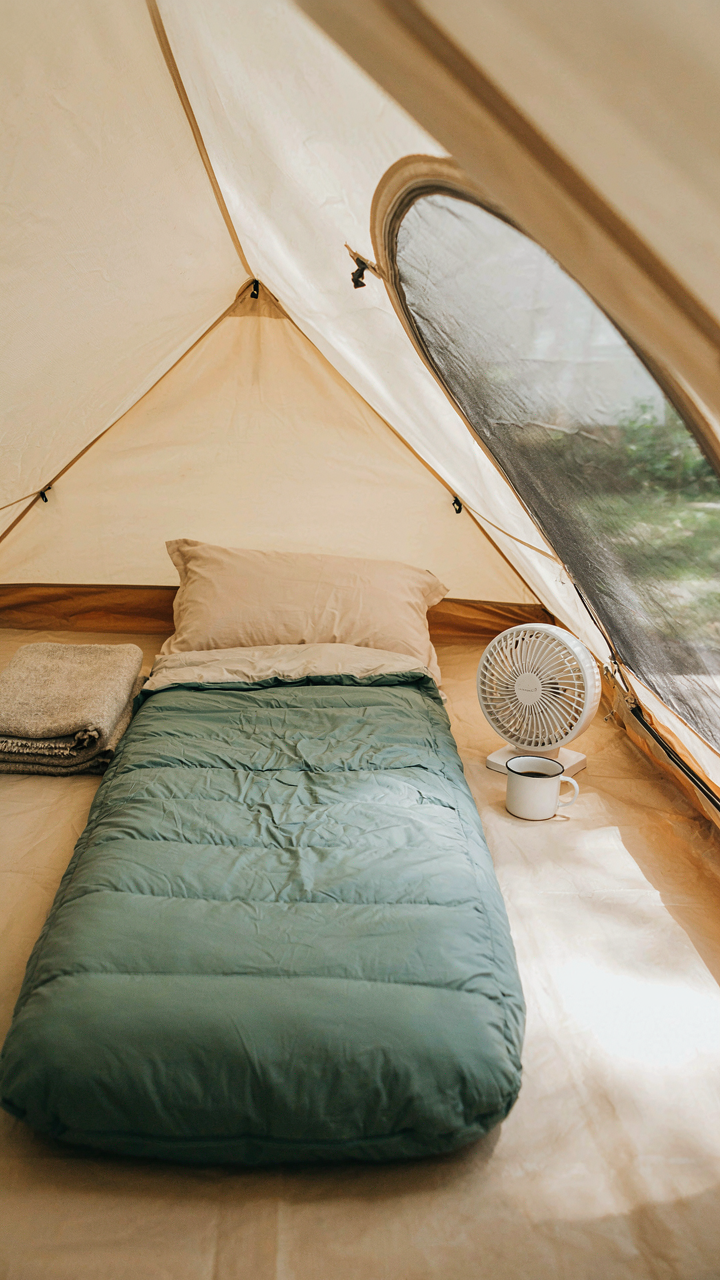 A comfortable sleeping bag, pillow, and fan inside a tent.