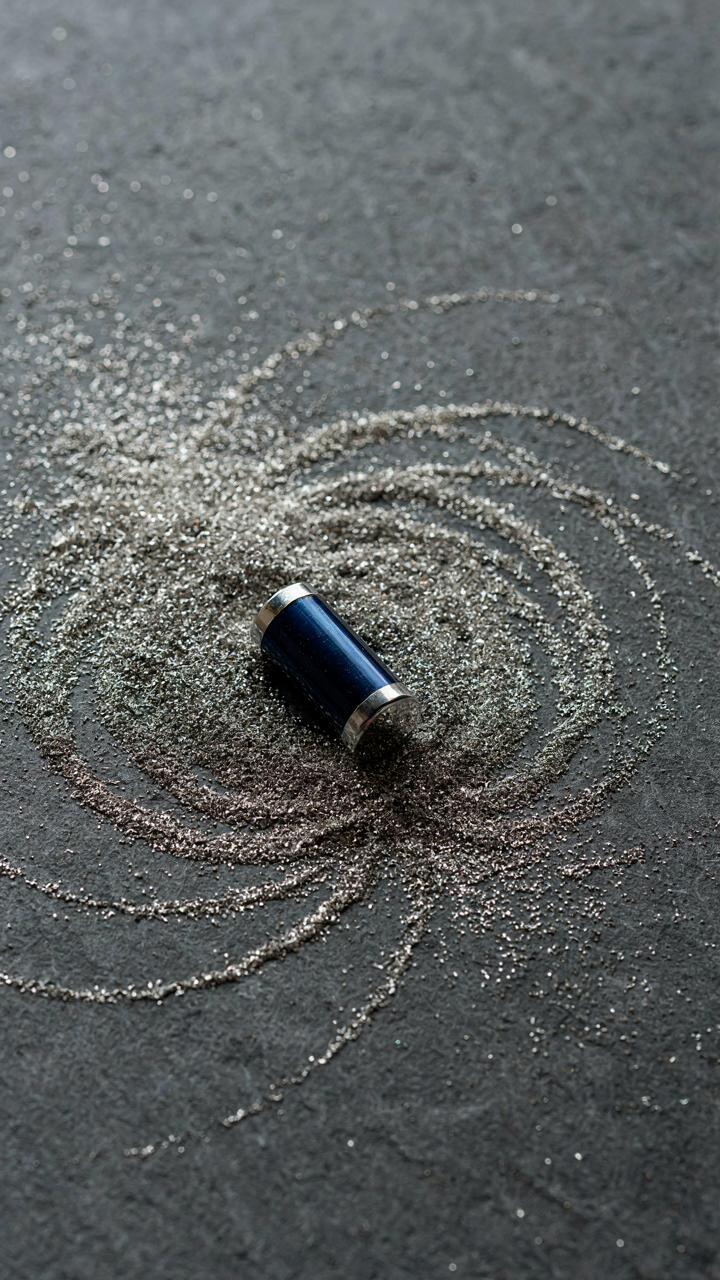 Iron filings cluster densely around a magnet, showing concentrated energy.