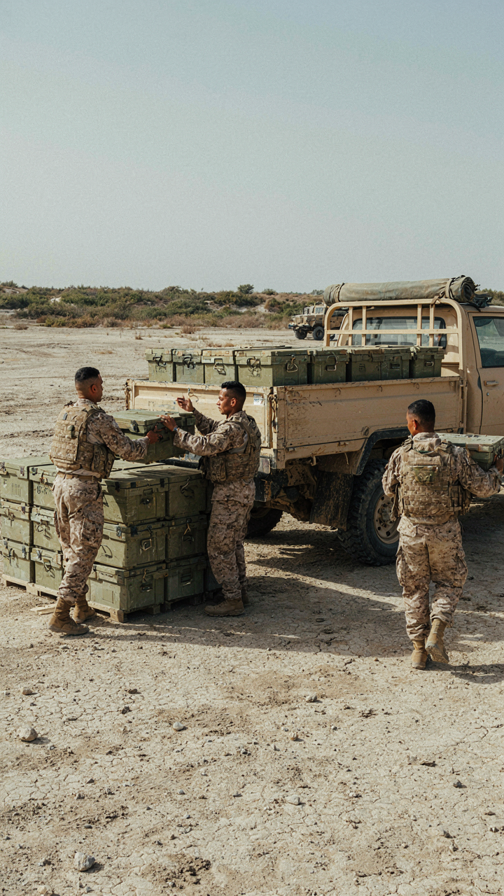 Military personnel precisely load identical supply crates onto a truck.