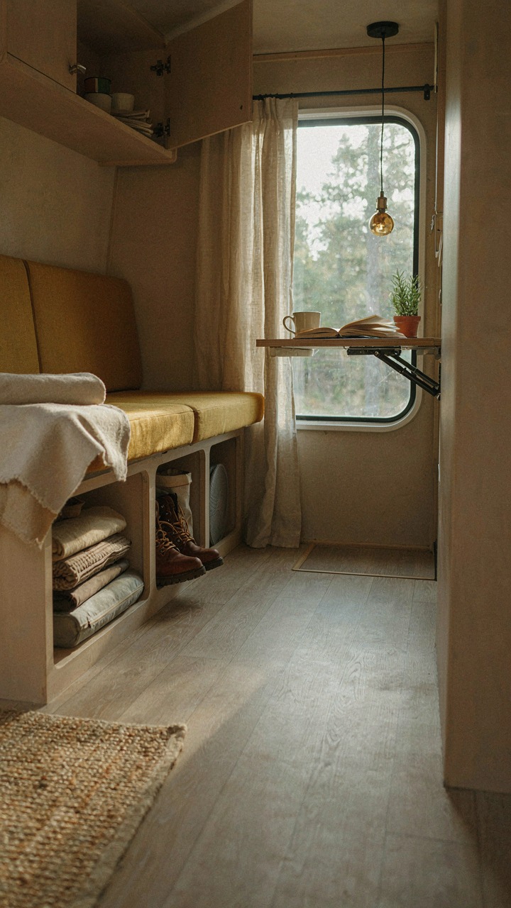 The inside of a small camper shows clever storage and useful furniture.