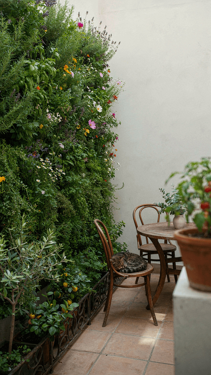 A vertical garden wall in a small courtyard with a bistro set.