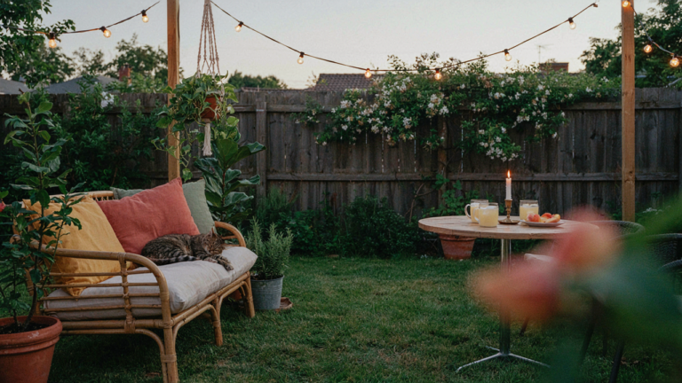 A small garden party in a cozy backyard with string lights and colorful cushions on seating.