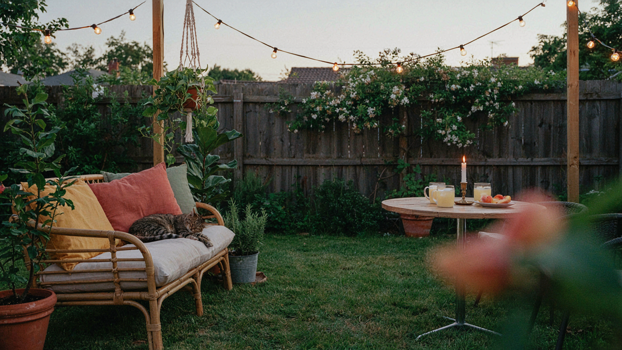 A small garden party in a cozy backyard with string lights and colorful cushions on seating.