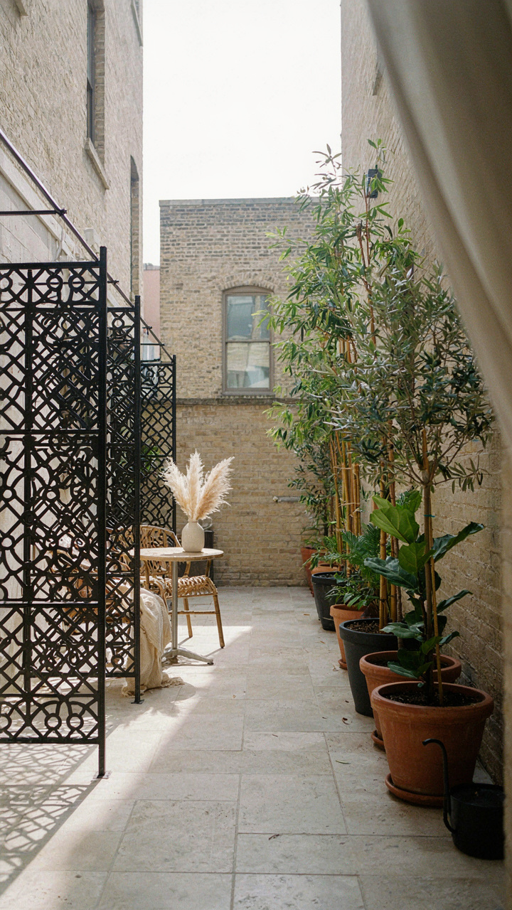 An urban tiny patio has layered privacy screens and tall potted plants.