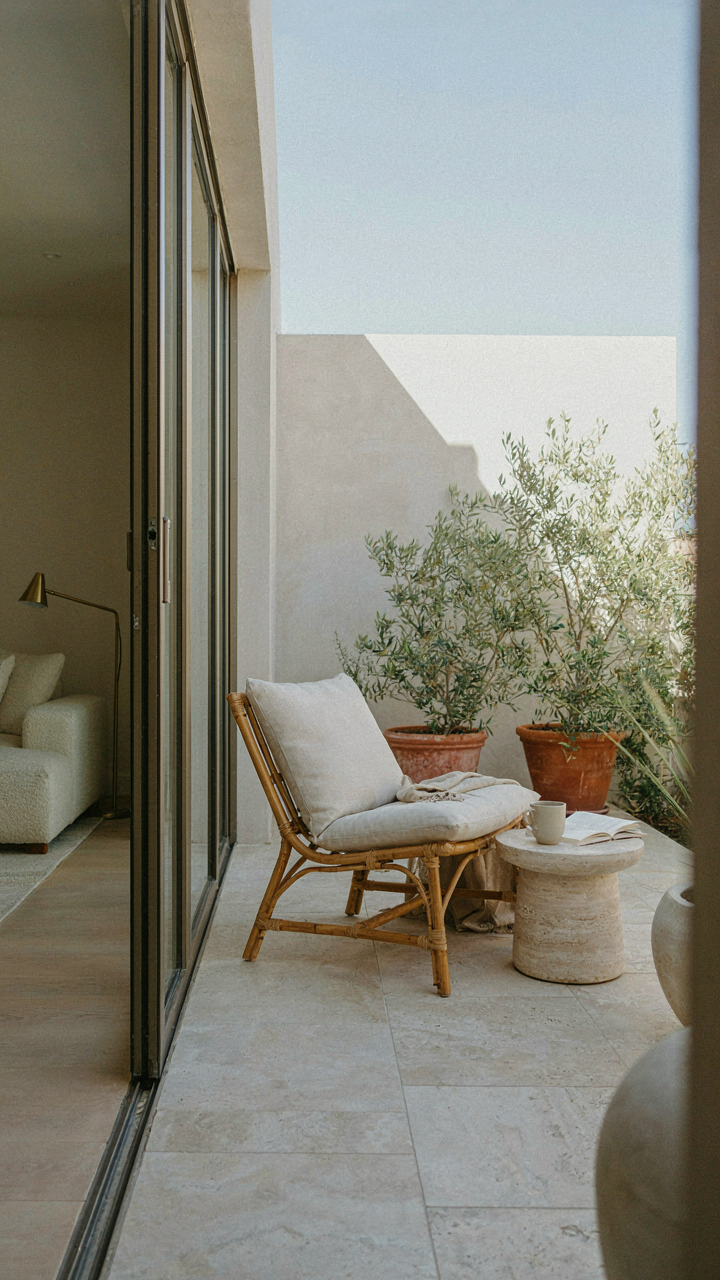 A corner patio with the same flooring as the adjacent indoor living room.