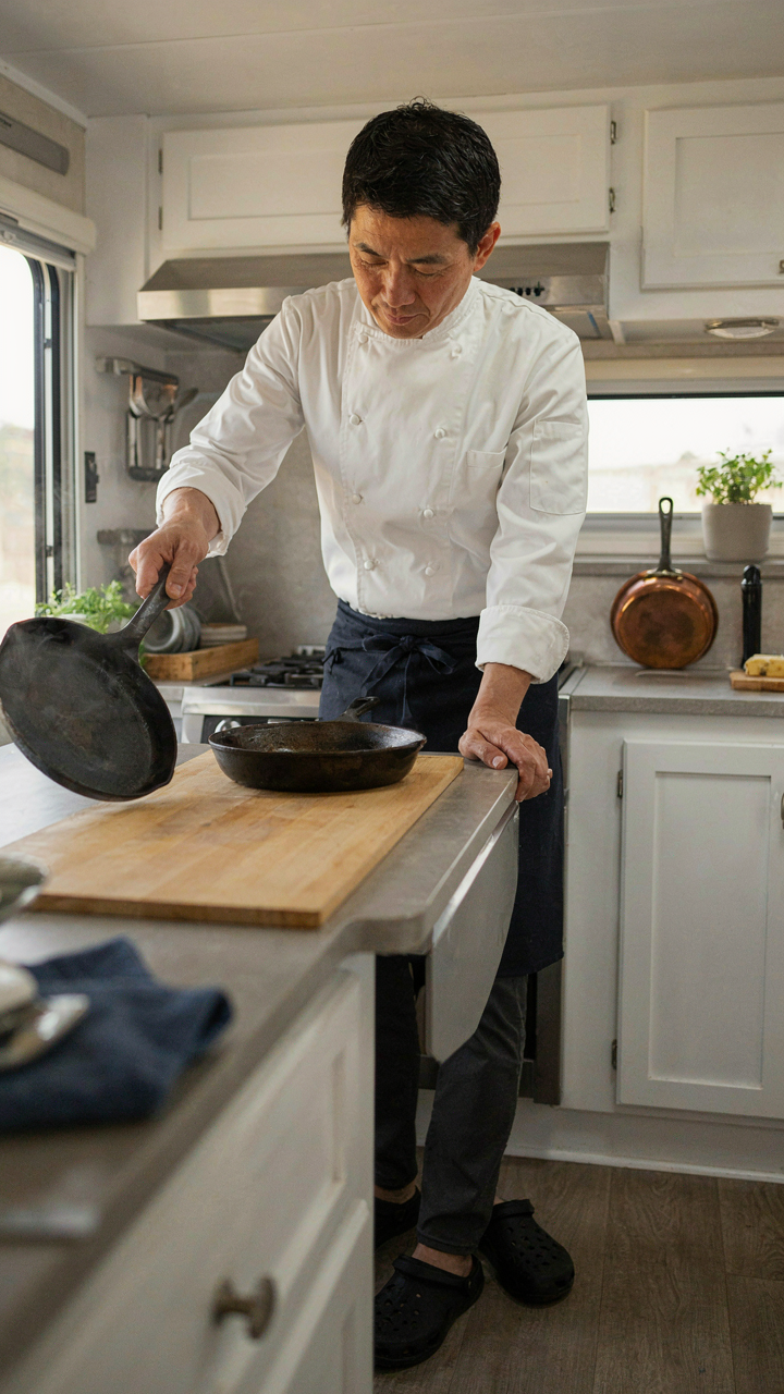 A chef places hot pans on different RV counter space materials to test them.
