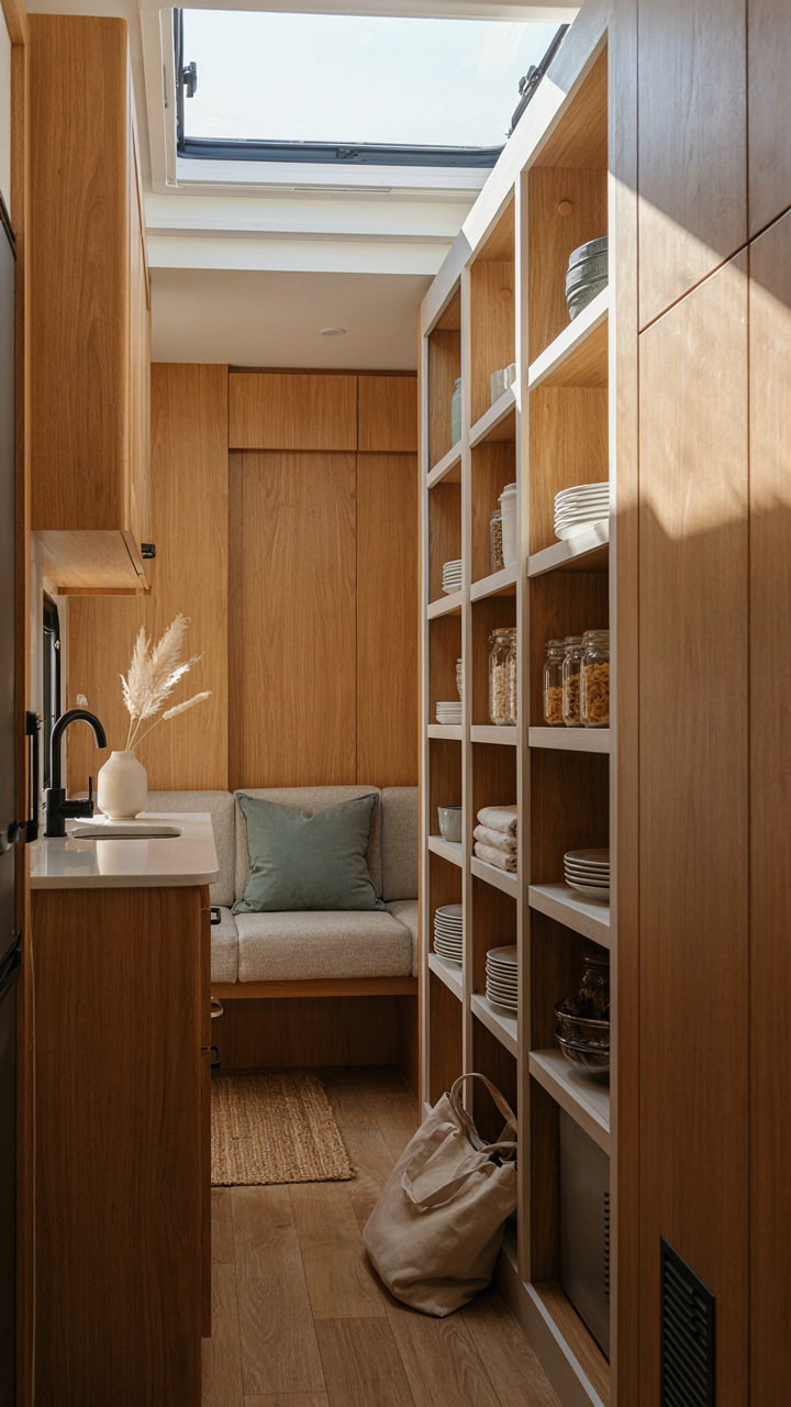 Tall vertical shelves and paneling make a small RV interior look larger.