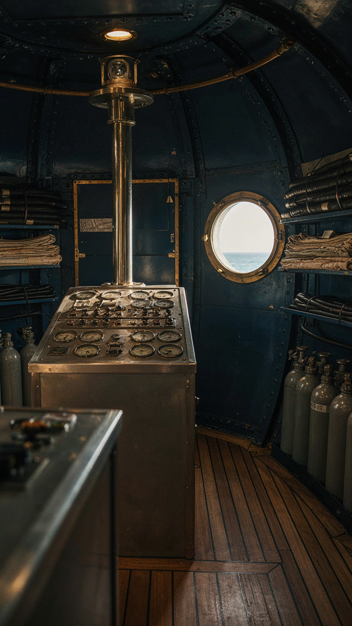 A compact submarine interior with instruments and neatly stored gear.