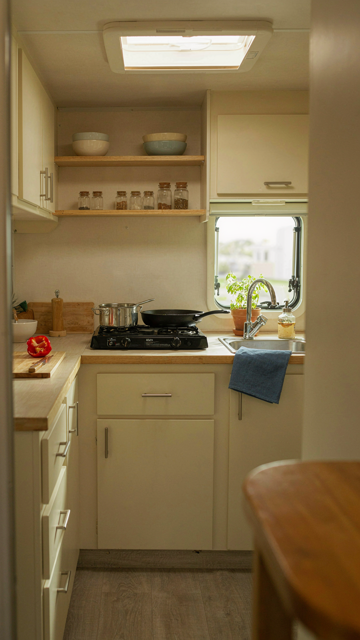 A compact RV kitchen shows distinct zones for prep, cooking, and washing.