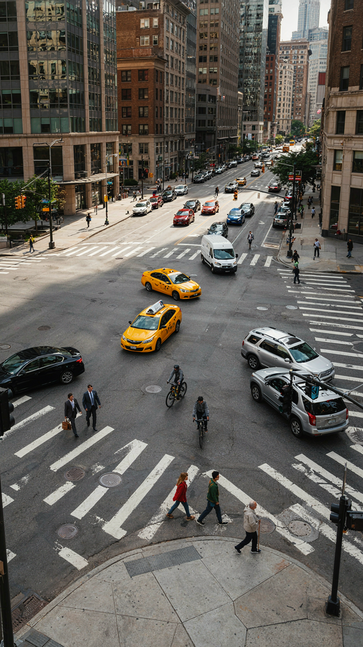 A busy city intersection with smooth flow of traffic.