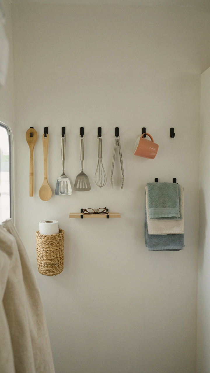 An RV wall with kitchen utensils and towels hanging from adhesive hooks.