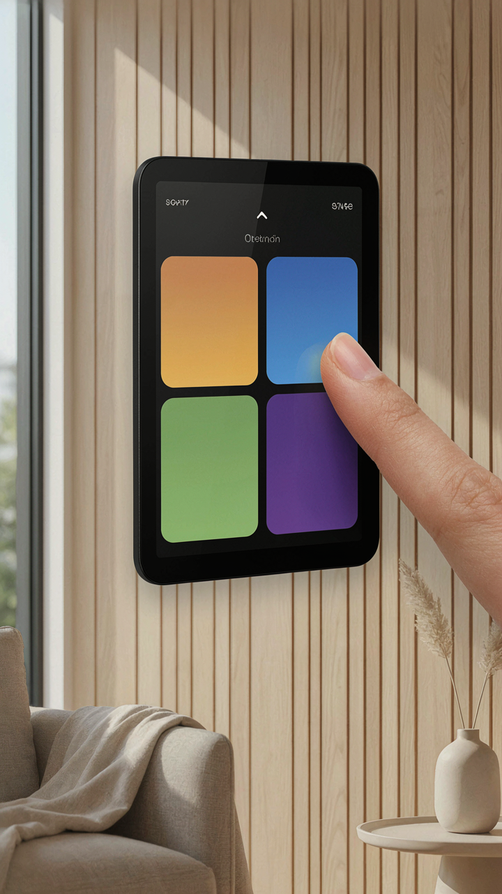 A smart home control panel shows different lighting scenes.
