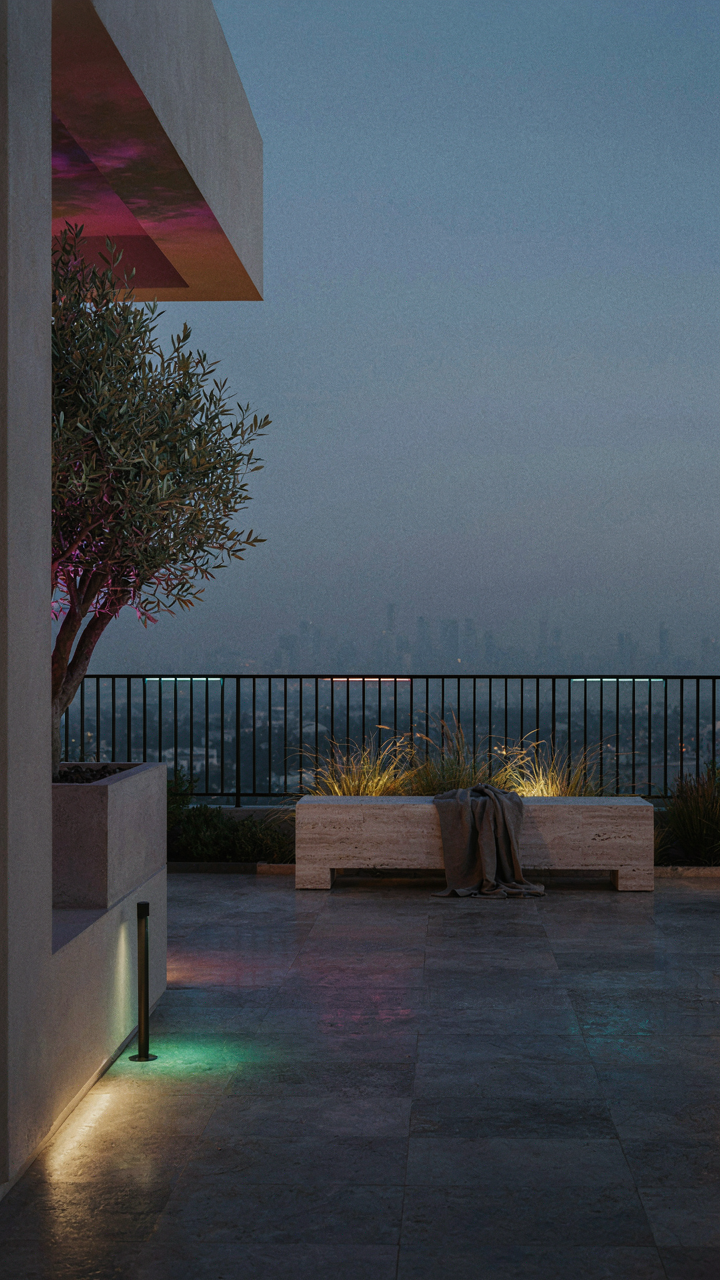 A sleek outdoor space features smart lights with varying colors and brightness.