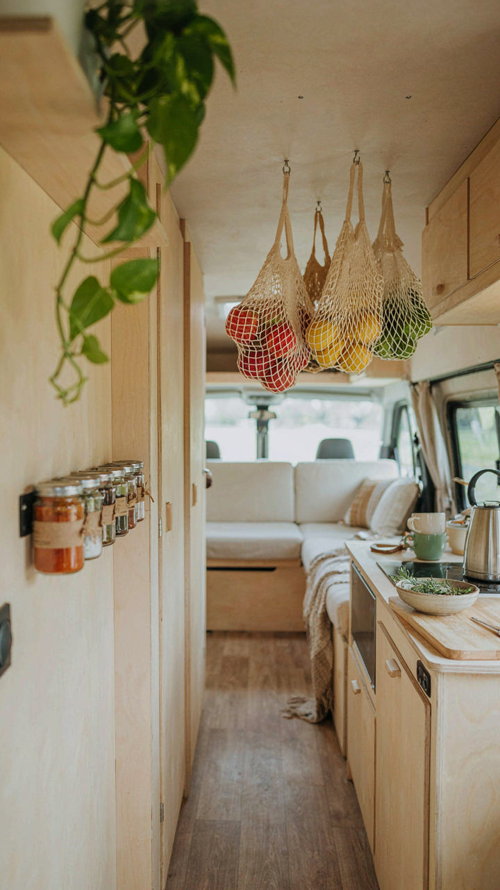 A van interior shows smart vertical storage with magnetic racks and hanging bags.