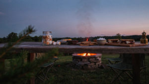 An inviting smores bar with various ingredients laid out for a backyard party.