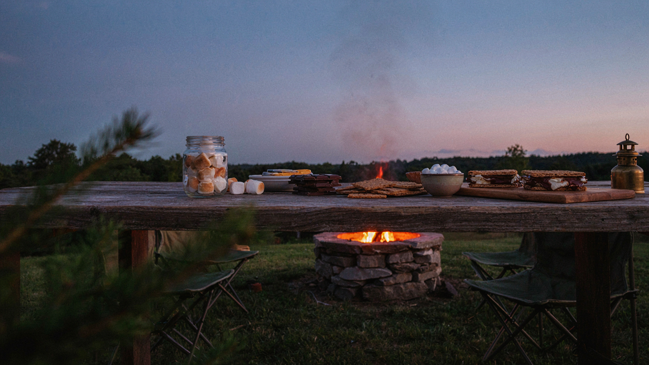 An inviting smores bar with various ingredients laid out for a backyard party.