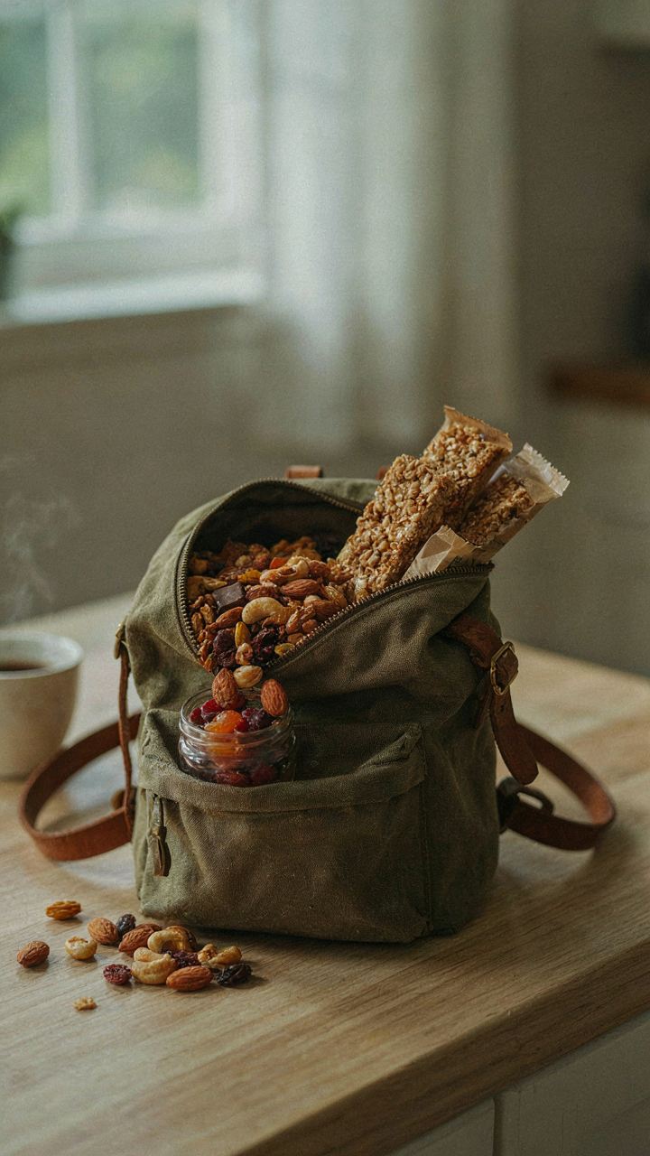 A backpack is packed with high-energy snacks for a fun backyard campout.