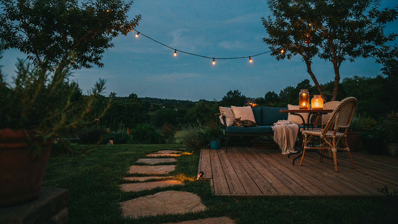 A beautiful patio glows at dusk with many kinds of solar light decor.