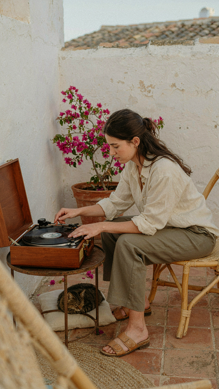 A person adjusts a vintage record player on an outdoor patio.