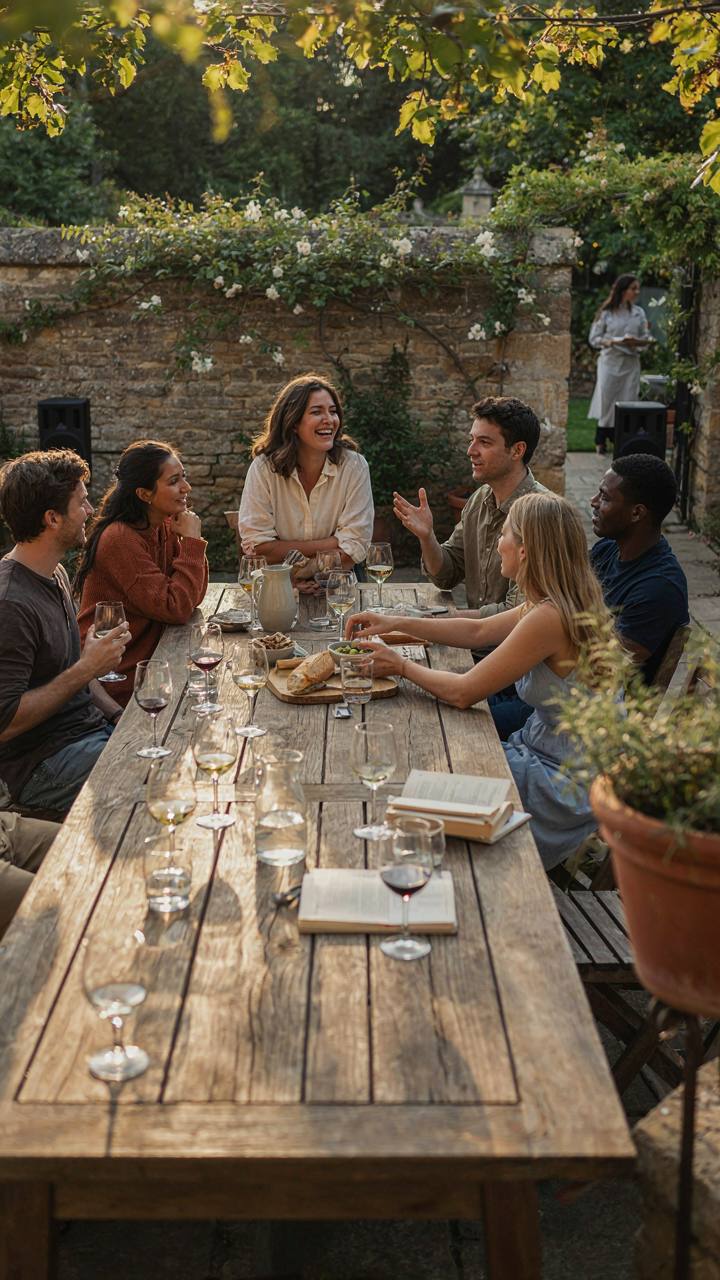 Friends talk quietly at an outdoor long table with soft music.