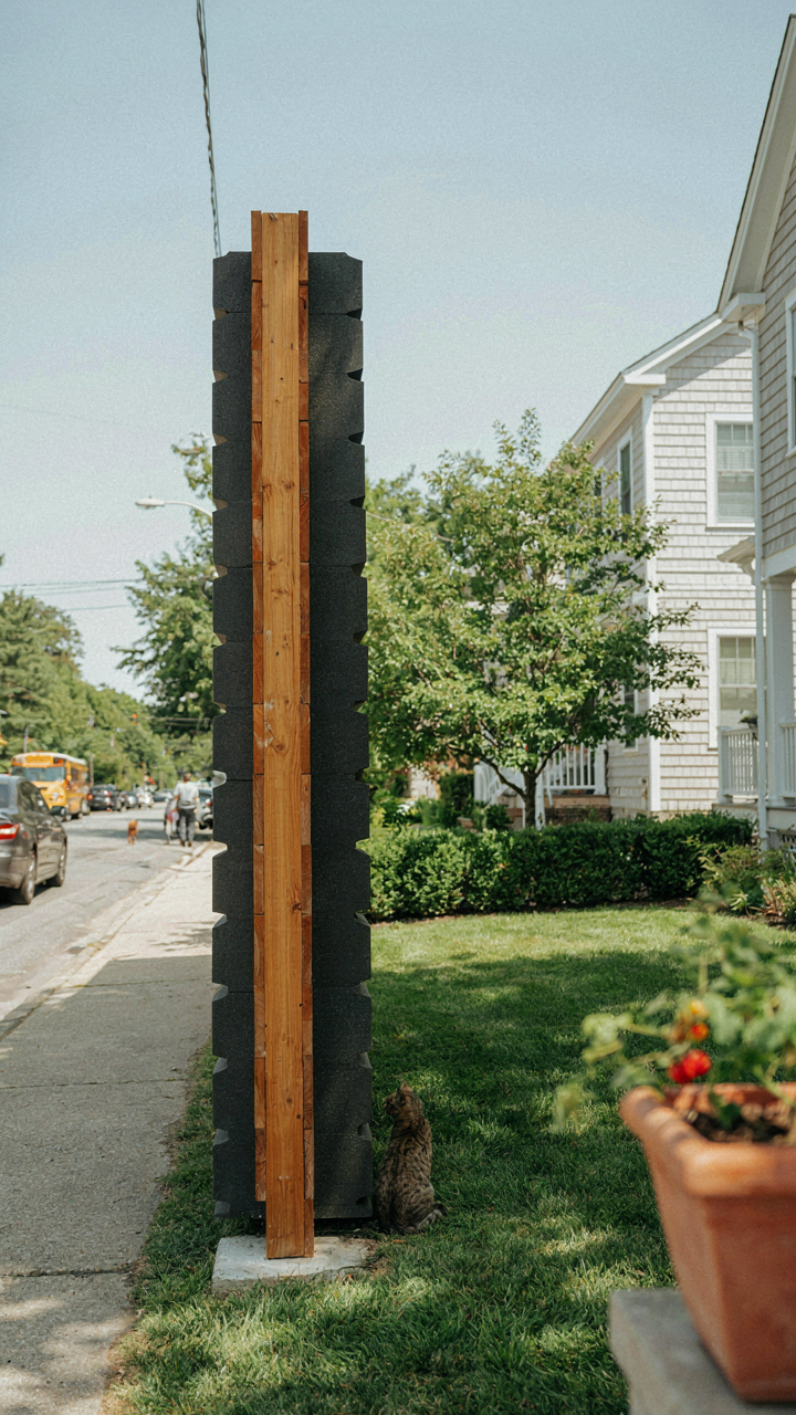 A thick, sound-absorbing fence panel stands between a road and a backyard.