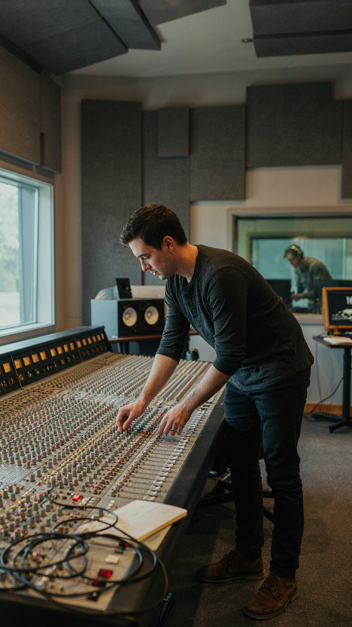 A sound engineer adjusts an equalizer on an audio mixing board.