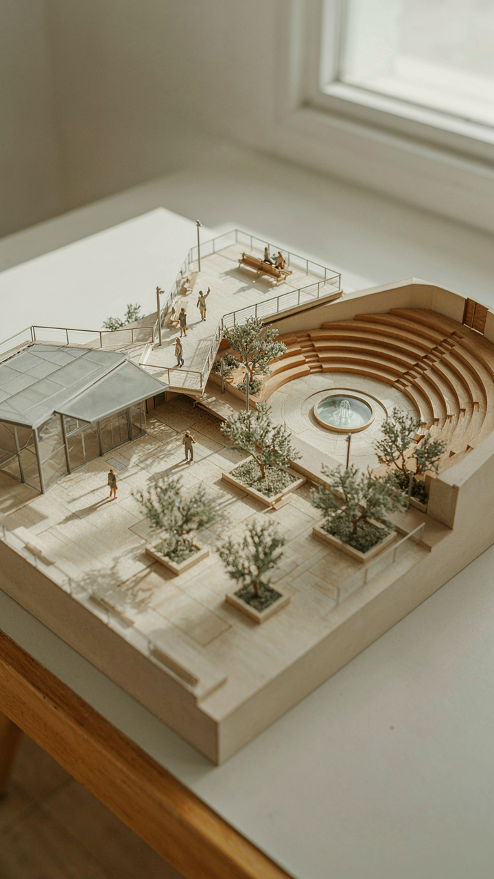 An urban planning model shows different zones for people to gather.