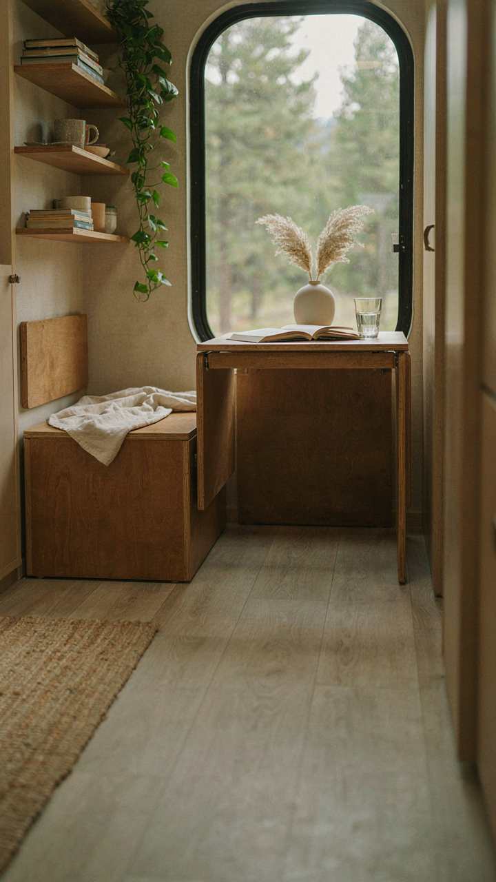 A multi-functional furniture piece transforming in a small, well-designed RV space.