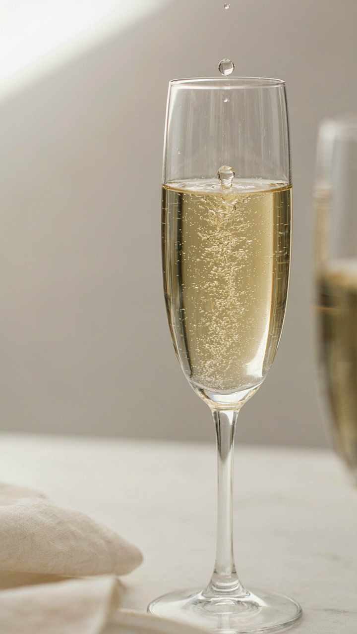 Tiny bubbles rise quickly in a fancy glass.
