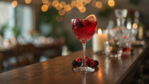 A colorful sparkling mocktail in a fancy glass on a shiny bar top at a party.