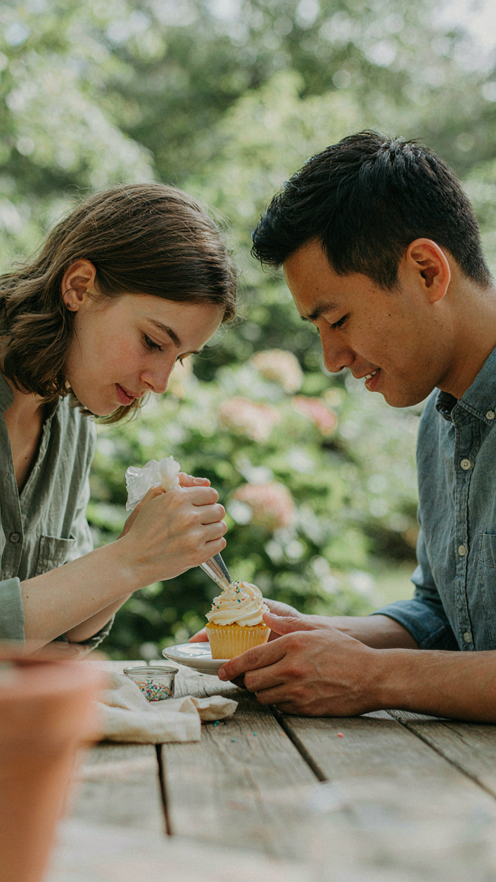 Two people are closely focused on decorating a single cupcake.