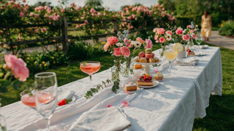 A beautifully set table in a bright spring garden party.