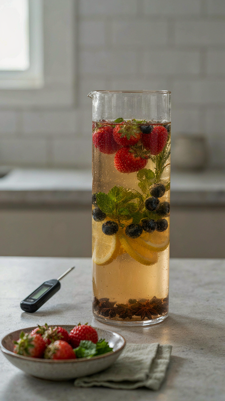 Fruits and herbs infusing in a clear, chilled container for flavor extraction.
