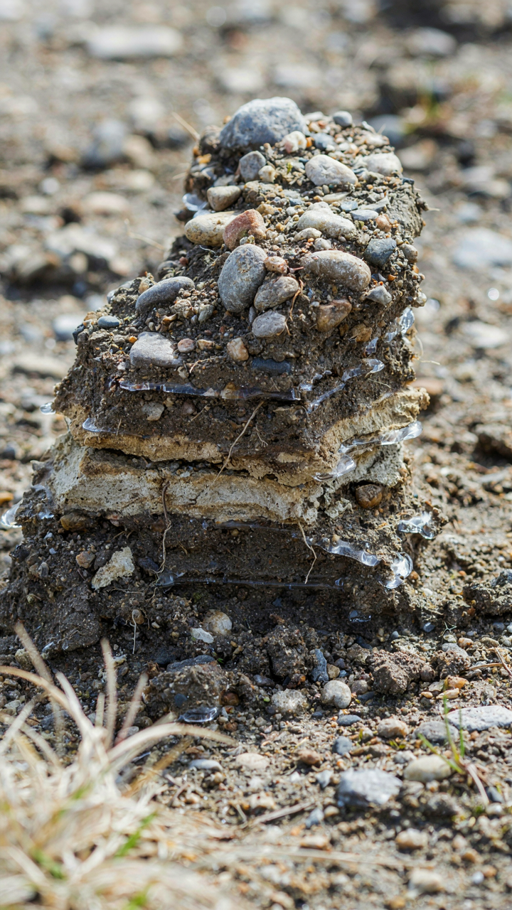A close up shows soil layers separated by frost heave.