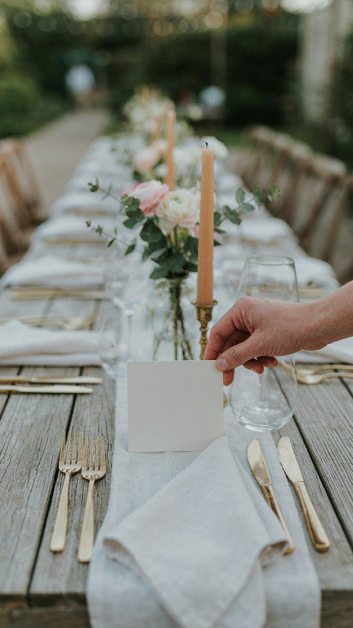 A hand places a well-designed outdoor dinner place card on a table.